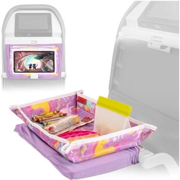Lusso Gear Airplane Tray Table Cover - Organize Kids Travel Essentials - Snack & Toy Pockets for Airplane Toys for Toddlers 1-3 - iPad and Tablet Stand for Travel Toddler Essentials (Unicorns)