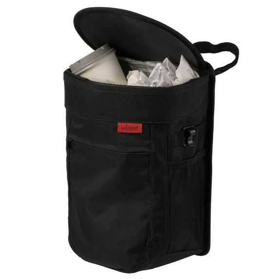 Lusso Gear | Car Trash Can | Hanging, Leakproof Vinyl Garbage Bin with Removable Liner | Large Capacity, Flip Open Lid | Hang or Mount | 2.5 Gallon, Black