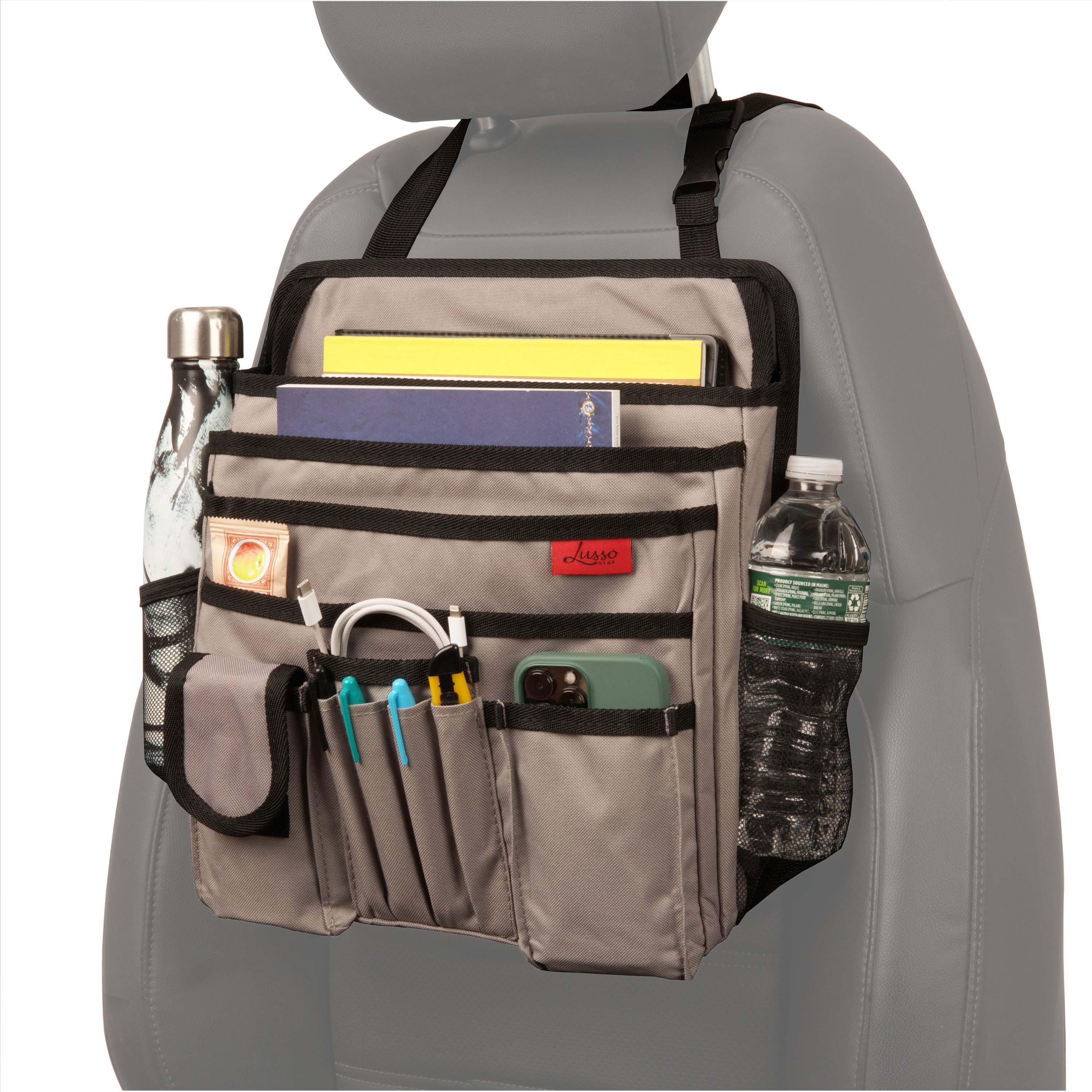 Lusso Gear Hanging Car Seat Organizer For Front or Backseat with 9 Compartments Great for Kids and Roadtrips Gray