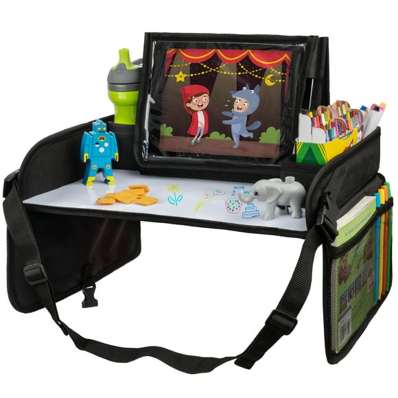 Lusso Gear | Kids Travel Activity Tray | For Car, Airplane, Booster Seat | Dry Erase Board, Displays Tablet, Storage Pockets | Black