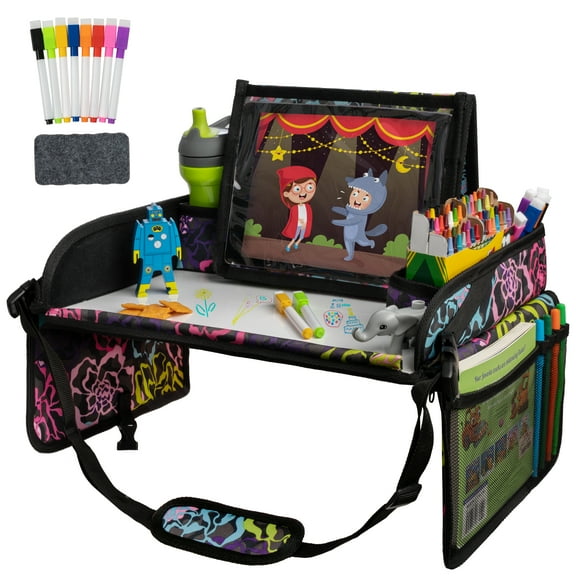 Lusso Gear Kids Travel Tray with Dry Erase Board, Road Trip Essentials Kids, No-Drop Tablet Holder, Lap Desk, Cup Holder, Toddler Toy Storage, Fits Airplane and Booster Seat (Floral)