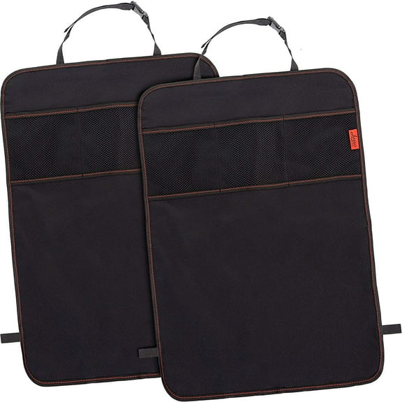 Lusso Gear | Seat Back Protectors for Car | Waterproof Kick Mats with 3 Storage Pockets | 2 Pack, Black with Red Stitching