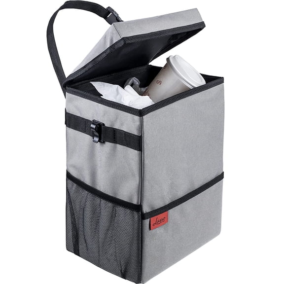 Lusso Gear Spill-Proof Car Trash Can (3.5 Gallon) - Easy to Clean Hanging Garbage Bin - Leak-Proof Lid, Removable Liner, Waterproof - Keeps Truck, SUV, Car, Minivan Clean & Odor Free (Gray)