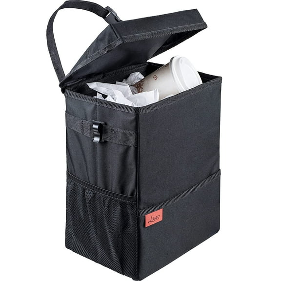 Lusso Gear XL 3.5 Gallon Car Trash Can, Leakproof with Removable Bin Liner, Reinforced Sides & Bottom , Flip Top Lid, Garbage Bag Hooks, Installs on Headrest or Console of Car, Van, and Truck (Black)