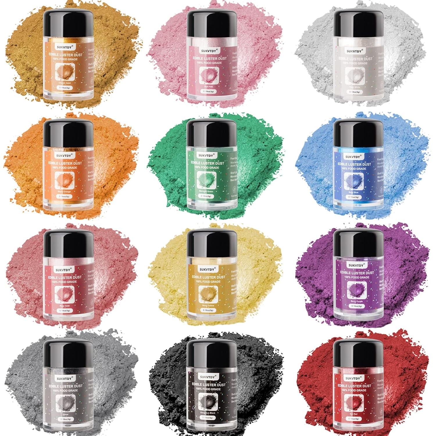 Luster Dust Edible Set, 12 Colors x 5g Food Grade Shimmer Luster Dust, Edible Glitter for Drinks