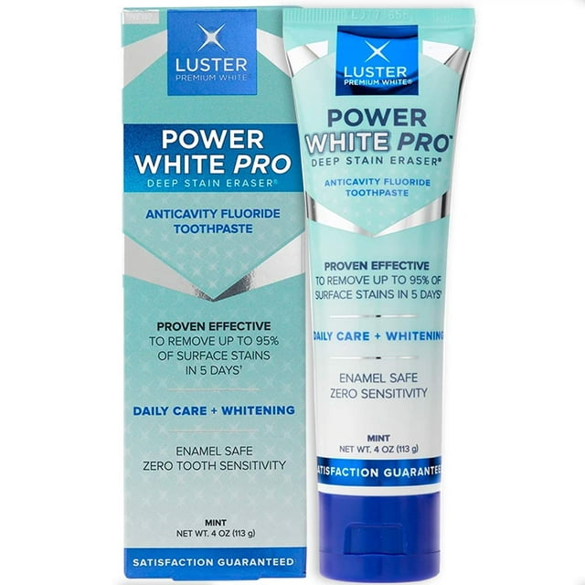 Luster Power White Pro Deep Stain Eraser Anticavity Fluoride, Enamel-Safe & Effective Professional Teeth Whitening Toothpaste, Mint, 4 oz