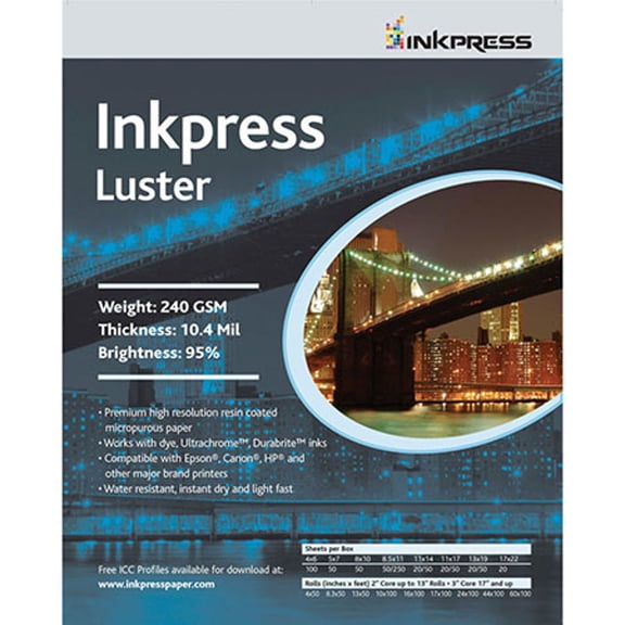 Inkpress Luster Premium Single Sided Bright Resin Coated Photograde Inkjet Paper, 10.4mil., 240gsm., 16x20", 20 Sheets
