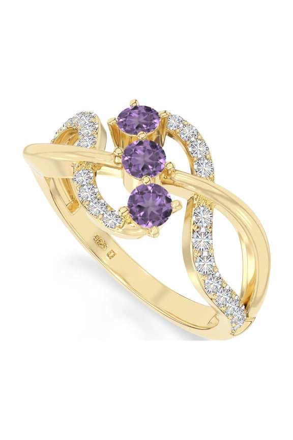 Amethyst 3 Stone Enagegment Rings for Women in 18K Yellow Gold Vermeil, February Birthstone Jewelry Gifts for Her Birthday, Anniversary, Graduation, Christmas, Mothers Day