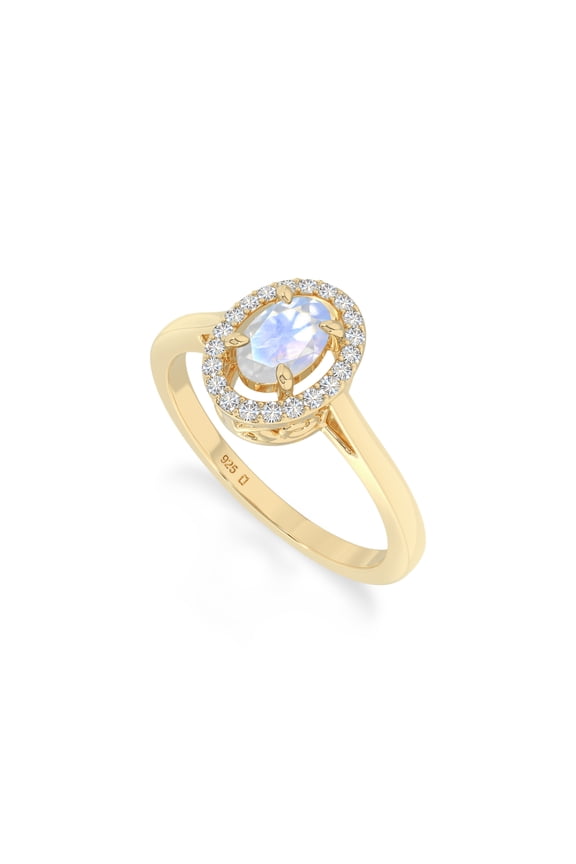 Natural Rainbow Moonstone Oval Halo Rings for Women in 18K Yellow Gold Vermeil, June Birthstone Jewelry Gift for Her Birthday, Wedding Anniversary, Mothers Day, Christmas,Graduation