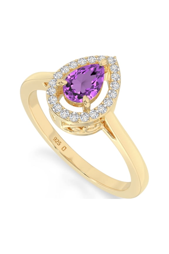 Pear Natural Amethyst Solitaire Halo Rings for Women in 18K Yellow Gold Vermeil over Sterling Silver, February Birthstone Jewelry Gifts for Her Birthday, Anniversary, Mothers Day