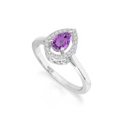 Lustre and Light Pear Natural Amethyst Solitaire Halo Rings for Women in Sterling Silver, February Birthstone Jewelry Gifts for Her Birthday, Wedding Anniversary, Mothers Day, Graduation