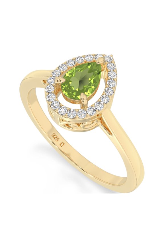Pear Natural Peridot Halo Rings for Women in 18K Yellow Gold Vermeil, August Birthstone Jewelry Gifts for Her Birthday, Wedding Anniversary, Mothers Day, Graduation, Valentines