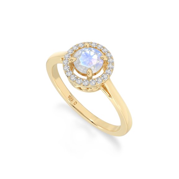 Lustre and Light Round Natural Rainbow Moonstone Halo Rings for Women in 18K Yellow Gold Vermeil, June Birthstone Jewelry Gift for Her Birthday, Anniversary, Mothers Day, Christmas, Graduation