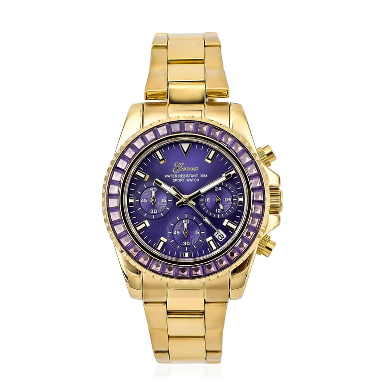 Lustro Stella Genoa Simulated Purple Diamond Multi-Function Movement Watch  in Ion Plated Yellow Gold 5.75 Ct Birthday Gifts Engagement Anniversary  Wedding Promise