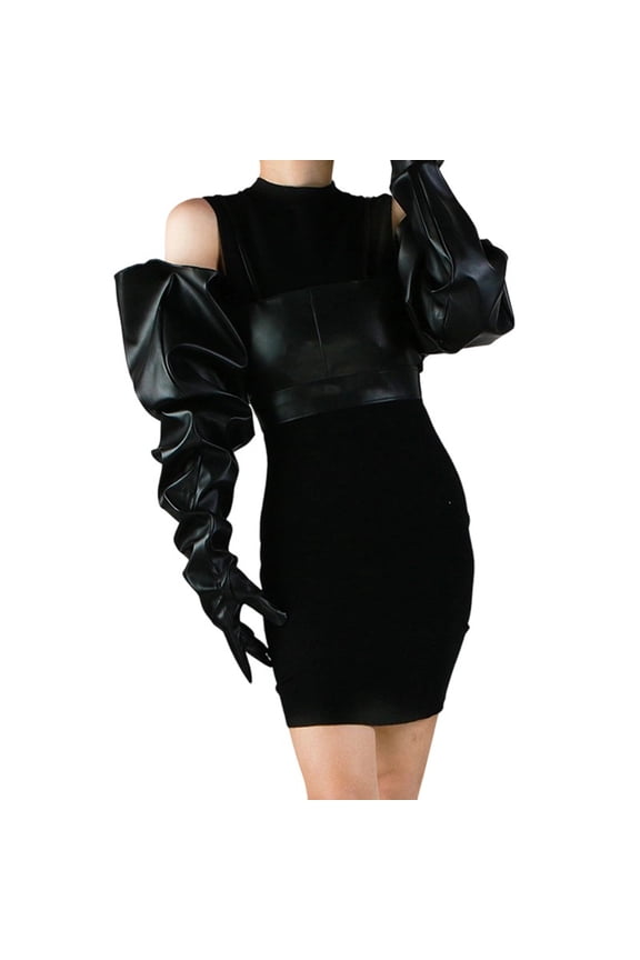 Lustrous Black Faux Leather Gloves With Extended 85CM Bubble Sleeves Unisex Fashionable Party Essential