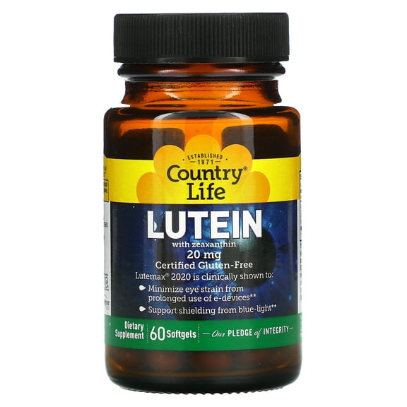 Country Life Lutein 20 mg Supplement - Certified Gluten-Free - Eye Health Support with Lutein and Zeaxanthin - Reduces Eye Strain from Screens - No Yeast, Corn, Wheat, Milk - 60 Softgels
