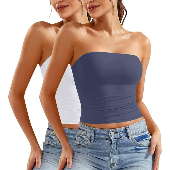 Lutiedan 2 Pack Tube Tops for Women Spring Summer Slim Fitted Strapless Crop Top Backless Going Out Beach Vacation Bandeau Top