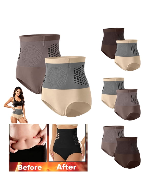 2Pcs Shapewear Panties for Women Tummy Control Seamless Shapewear High Waisted Slimming Body Shaper Underwear,Khaki,S