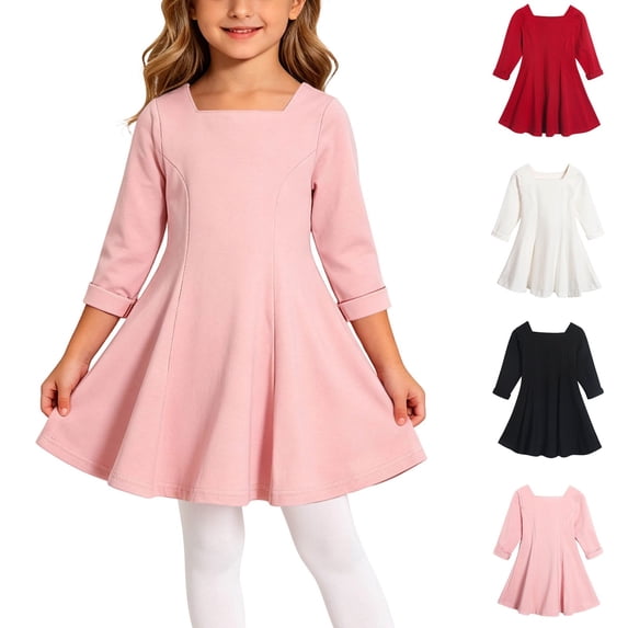 Lutiedan 3/4 Sleeve Fall Dress for Girls Square Neck Knee Length Skater Dresses Casual Cute A‑Line Dresses Size 0-8,Pink