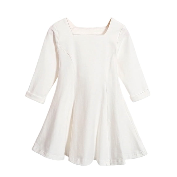 Lutiedan 3/4 Sleeve Fall Dress for Girls Square Neck Knee Length Skater Dresses Casual Cute A‑Line Dresses Size 0-8,White