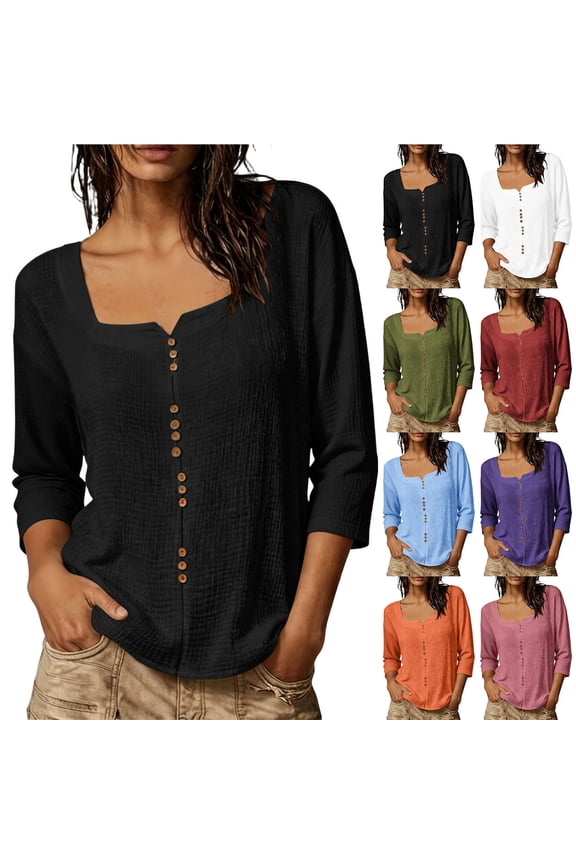 3/4 Sleeve Tops for Women Square Neck Casual Pullover Shirts Fall Basic Baggy Solid Color Tunic Blouse,Orange,XXXL