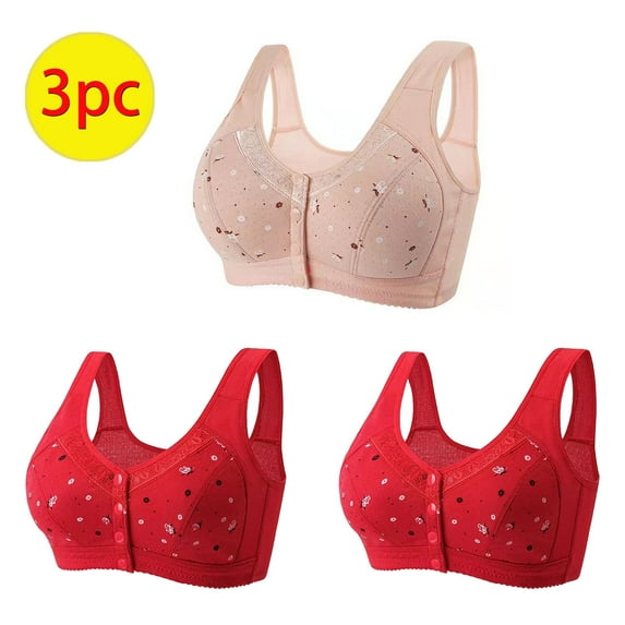 Lutiedan 3 Pack Front Closure Bras for Women Plus Size Floral Printed Lifting No Underwire Bra Older Women Comfortable Lightly Lined Senior Wireless Sleep Bras