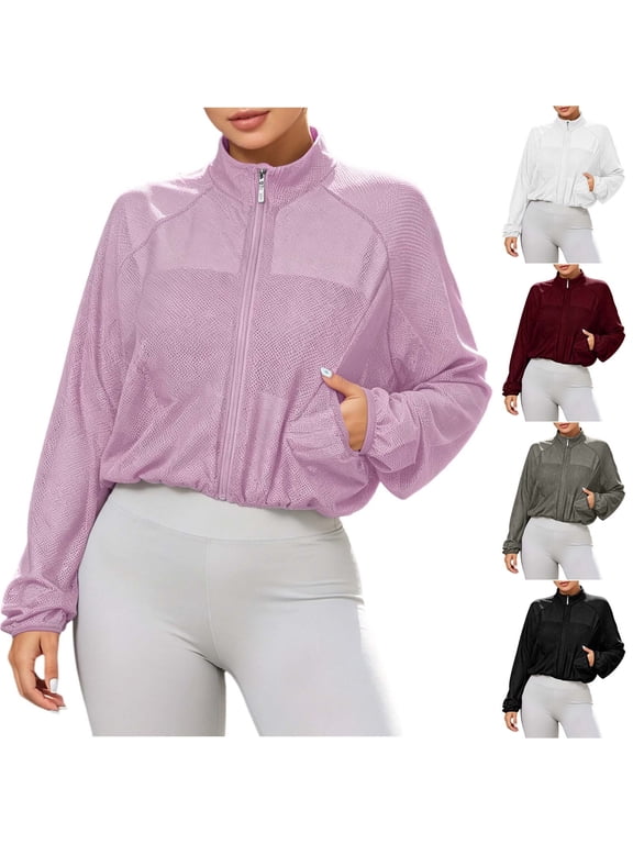 Athletic Cropped Jacket Womens Long Sleeve Zip Up Track Jackets Casual Trendy Gym Workout Tops with Pockets,Gray