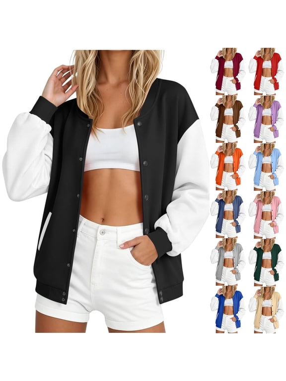 Baseball Varsity Jacket for Women Causal Button Down Bomber Jacket Fall Baggy School Sweatshirts Coat with Pockets,Navy