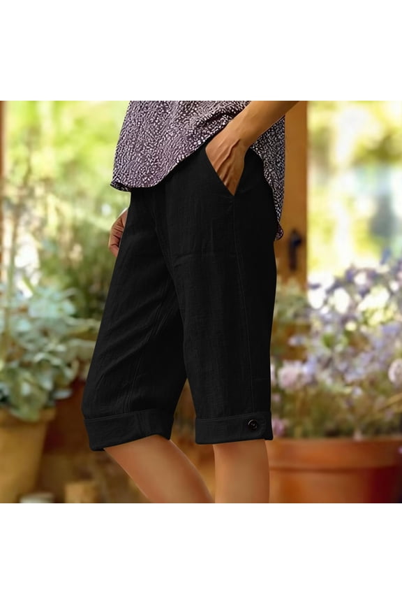 Bermuda Shorts for Women Cotton Linen Athletic Gym High Waisted Sweat Short Running Workout Roll Up Knee Length Shorts with Pockets