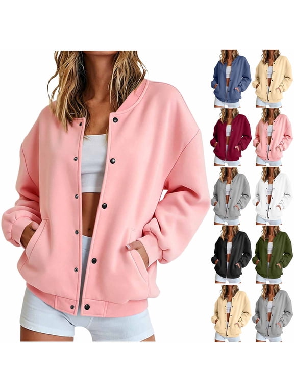 Bomber Jacket for Women Long Sleeve Button Down Varsity Jackets Drop Shoulder Casual Fleece Baseball Jacket with Pockets,Gray