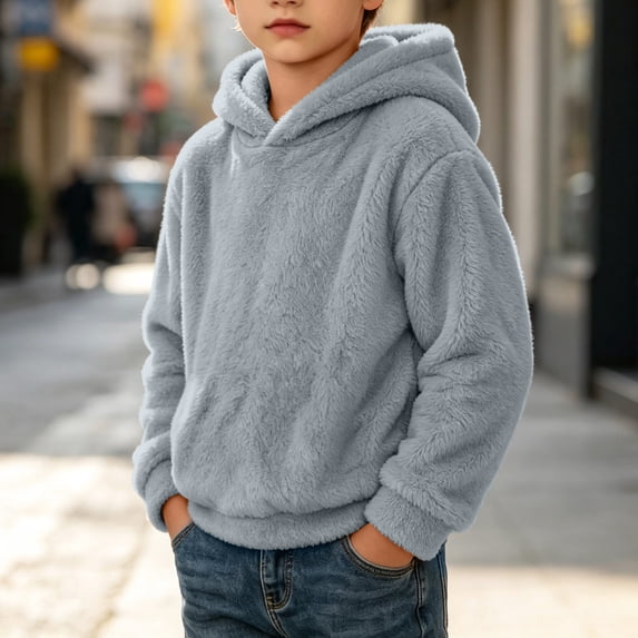 Lutiedan Boys Girls Sherpa Fleece Hoodie Kids Casual Fuzzy Sweatshirt Plush Winter Warm Hooded Pullover Tops Size 3-14,Gray