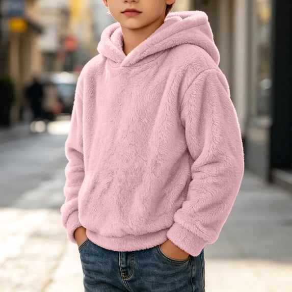 Lutiedan Boys Girls Sherpa Fleece Hoodie Kids Casual Fuzzy Sweatshirt Plush Winter Warm Hooded Pullover Tops Size 3-14,Pink