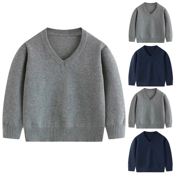 Lutiedan Boys Girls Sweater V Neck School Uniform Knit Sweater Long Sleeve Solid Color Casual Pullover Tops Size 2-8,Gray