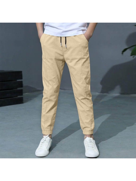 Boys Jogger Pants Elastic Waist Full Length Pants Casual Drawstring Athletic Pants for Kids with Pockets Size 4-12,Beige