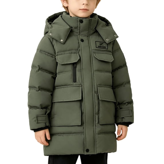 Lutiedan Boys Winter Hooded Puffer Jacket Zip up Windproof Parka Coat Thick Insulated Warm Quilted Coat Size 5-14,Army Green
