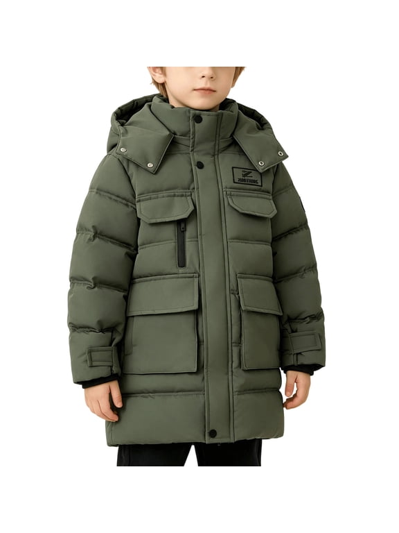 Boys Winter Hooded Puffer Jacket Zip up Windproof Parka Coat Thick Insulated Warm Quilted Coat Size 5-14,Army Green