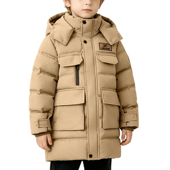 Lutiedan Boys Winter Hooded Puffer Jacket Zip up Windproof Parka Coat Thick Insulated Warm Quilted Coat Size 5-14,Khaki