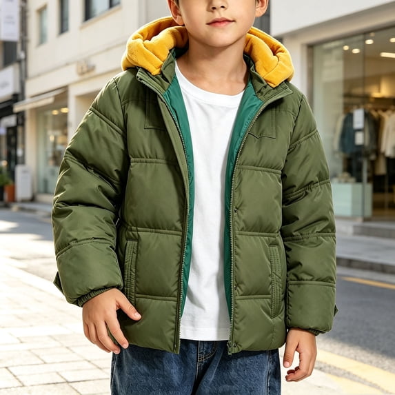 Lutiedan Boys Winter Zip up Puffer Jacket Detachable Hooded Thick Quilted Coat Outdoor Windproof Outerwear with Pocket Size 3-12,Army Green
