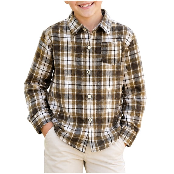 Lutiedan Button Down Dress Shirts for Boys Long Sleeve Color Block Plaid Shirts Classic School Uniform Shirts Sizes 1-11,Khaki