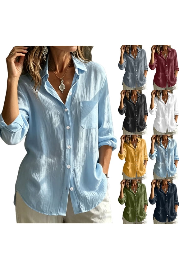 Button Down Shirt for Women Cotton Linen Long Sleeve Blouse Trendy Collared V Neck Casual Work Tops,Wine,XXL