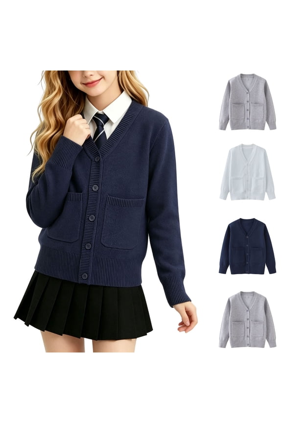 Cardigan Sweaters for Girls Long Sleeve Button Knit Sweater School Uniform Knit Jacket with Pocket Sizes 3-15,Gray
