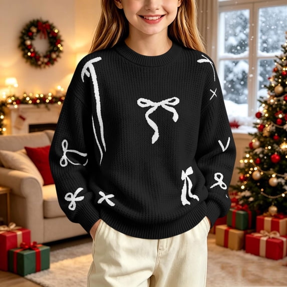 Lutiedan Christmas Bow Sweater for Girls Cute Crew Neck Knit Sweater Kids Long Sleeve Holiday Pullover Size 5-16,Black