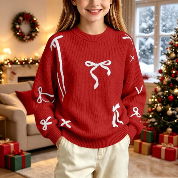 Lutiedan Christmas Bow Sweater for Girls Cute Crew Neck Knit Sweater Kids Long Sleeve Holiday Pullover Size 5-16,Red
