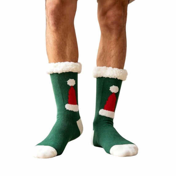 Lutiedan Christmas Fleece Socks for Men and Women, Fuzzy Non Slip Knit Slipper Socks, Winter Thick Warm Mid Calf Socks,Green1