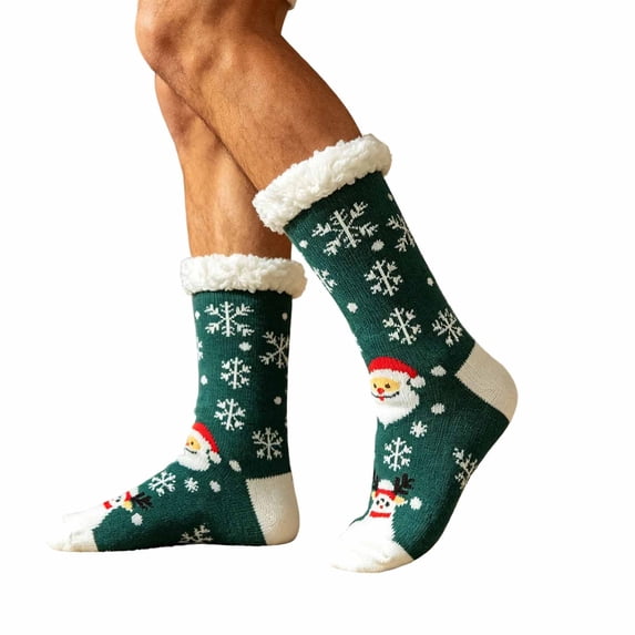 Lutiedan Christmas Fleece Socks for Men and Women, Fuzzy Non Slip Knit Slipper Socks, Winter Thick Warm Mid Calf Socks,Green