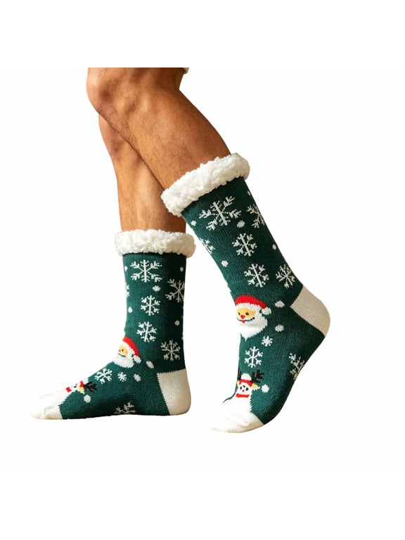 Christmas Fleece Socks for Men and Women, Fuzzy Non Slip Knit Slipper Socks, Winter Thick Warm Mid Calf Socks,Green