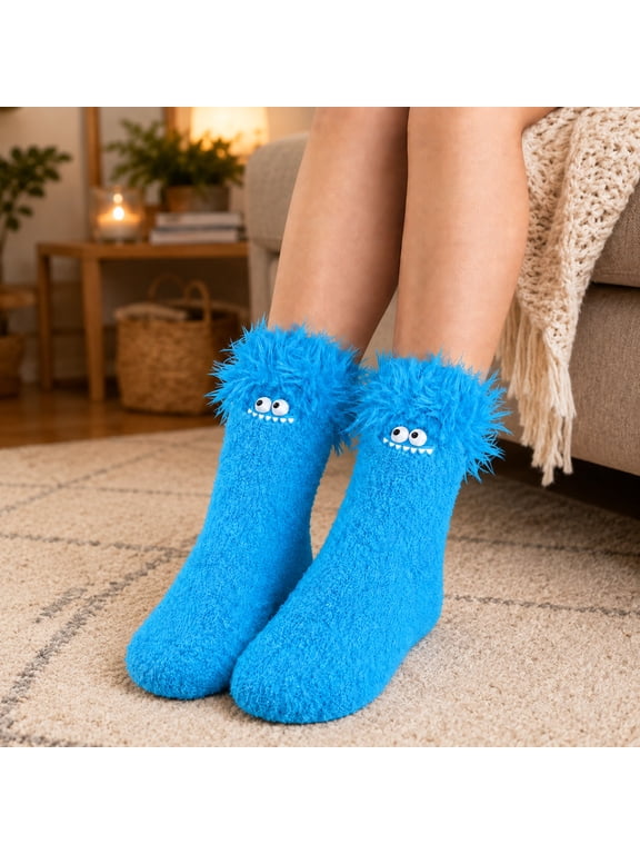 Christmas Funny Socks for Women Fuzzy Flannel Thick Warm Socks Winter Mid-calf Fleece Floor Socks,Blue