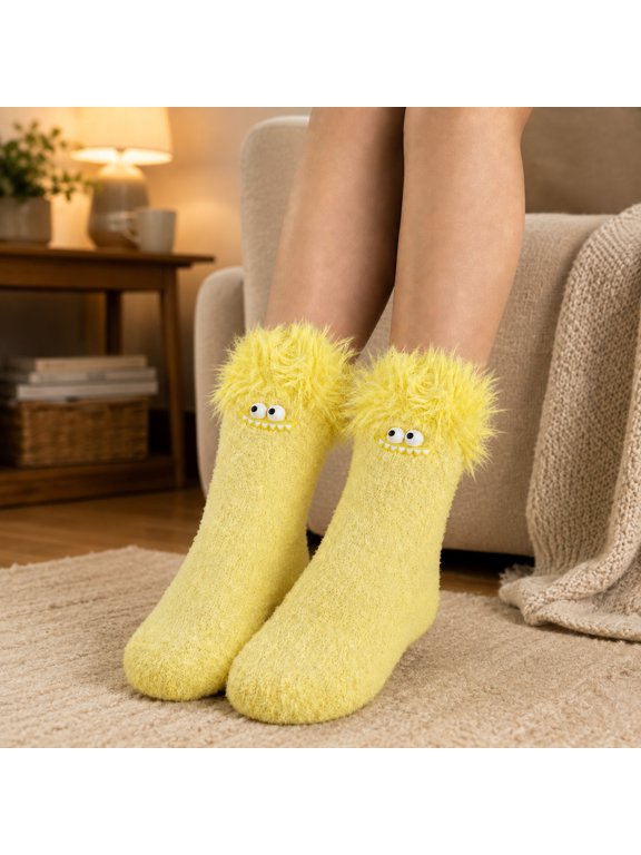 Christmas Funny Socks for Women Fuzzy Flannel Thick Warm Socks Winter Mid-calf Fleece Floor Socks,Yellow