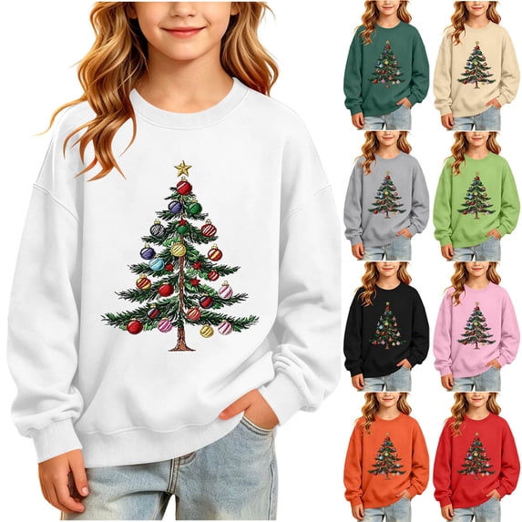 Lutiedan Christmas Tree Sweatshirts for Boys Girls Oversized Crewneck Shirts Xmas Holiday Long Sleeve Pullover Tops Size 2-15