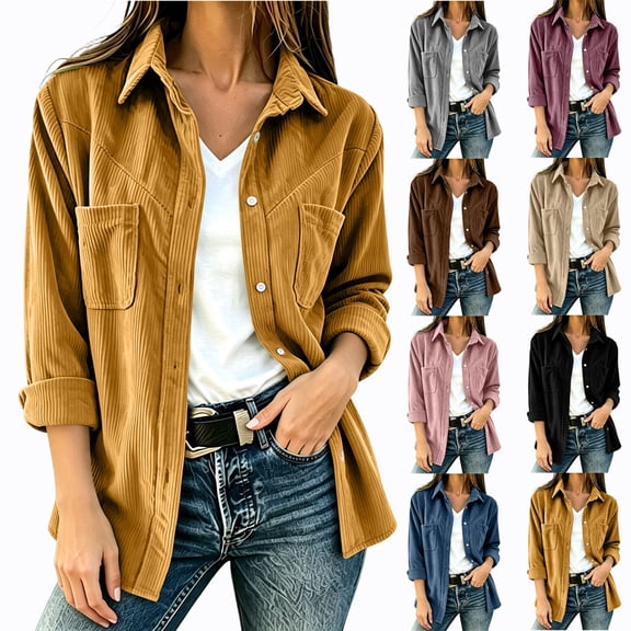 Lutiedan Corduroy Button Down Shirts for Women Casual Long Sleeve Shackets Jacket Baggy Fall Trendy Tops with Pocket S-XXL